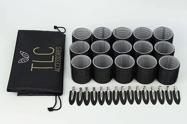 TLC ACCESSORIES 30 Piece Hair Rollers with Clips - 15 Self Grip Velcro Rollers and 15 Duckbill Clips - Salon Hairdressing Heatless Curlers, Size 48mm for Medium to Long Hair in Colour Black