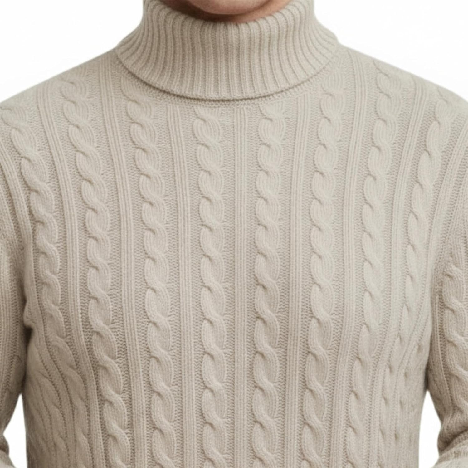Janisramone® Mens High Polo Roll Neck Jumper, Long Sleeve Cable Knitted Pullover Mens Sweater, Casual Turtle Neck Jumper Cream