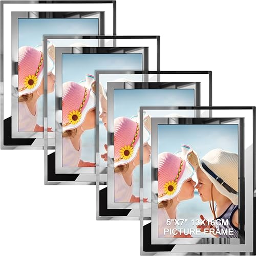 IZIDDO 5x7 Picture Frames Set of 4, Silver Mirror Glass Photo Frame for Tabletop Display, Gifts Picture Frame, Horizontally or Vertically