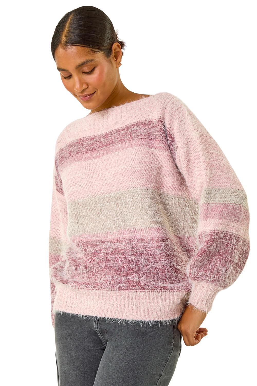 Roman Stripe Soft Knit Jumper - Light Pink - Size 14