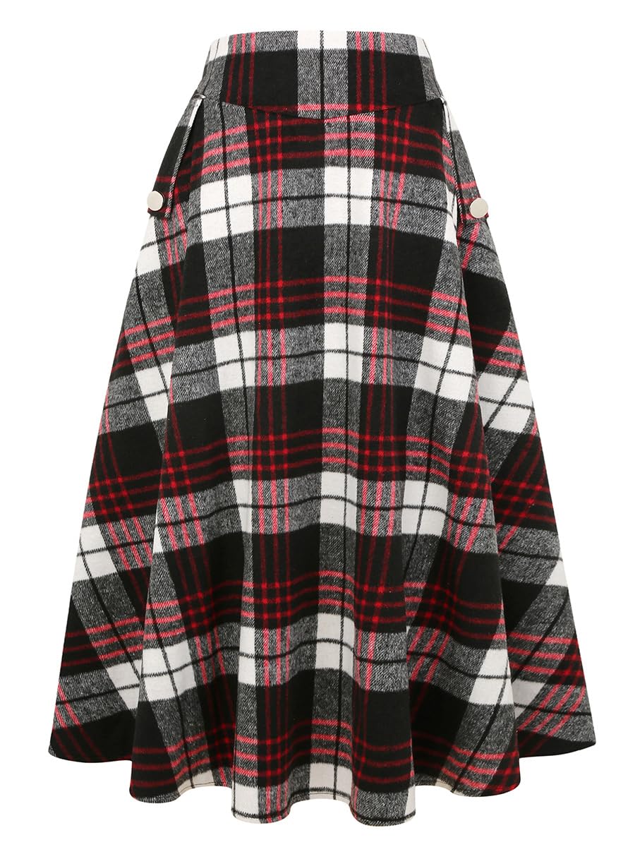IDEALSANXUN Women’s Fall Winter High Waisted Wool Plaid A-line Long Skirt