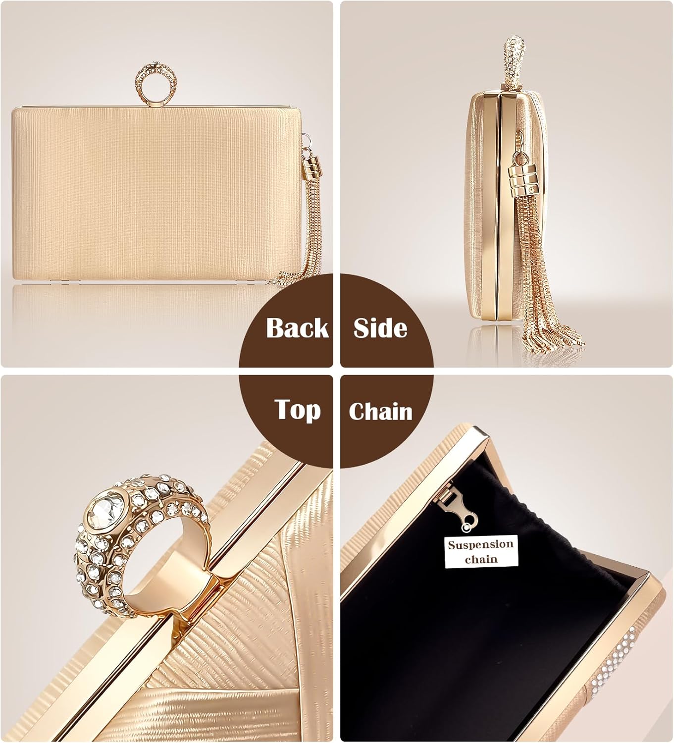Yivaiks Bling Evening Bag Gold Clutch Purses For Women Rhinestones Clutch Bag Tassel Cross Body & Shoulder Bag For Wedding Night out Party