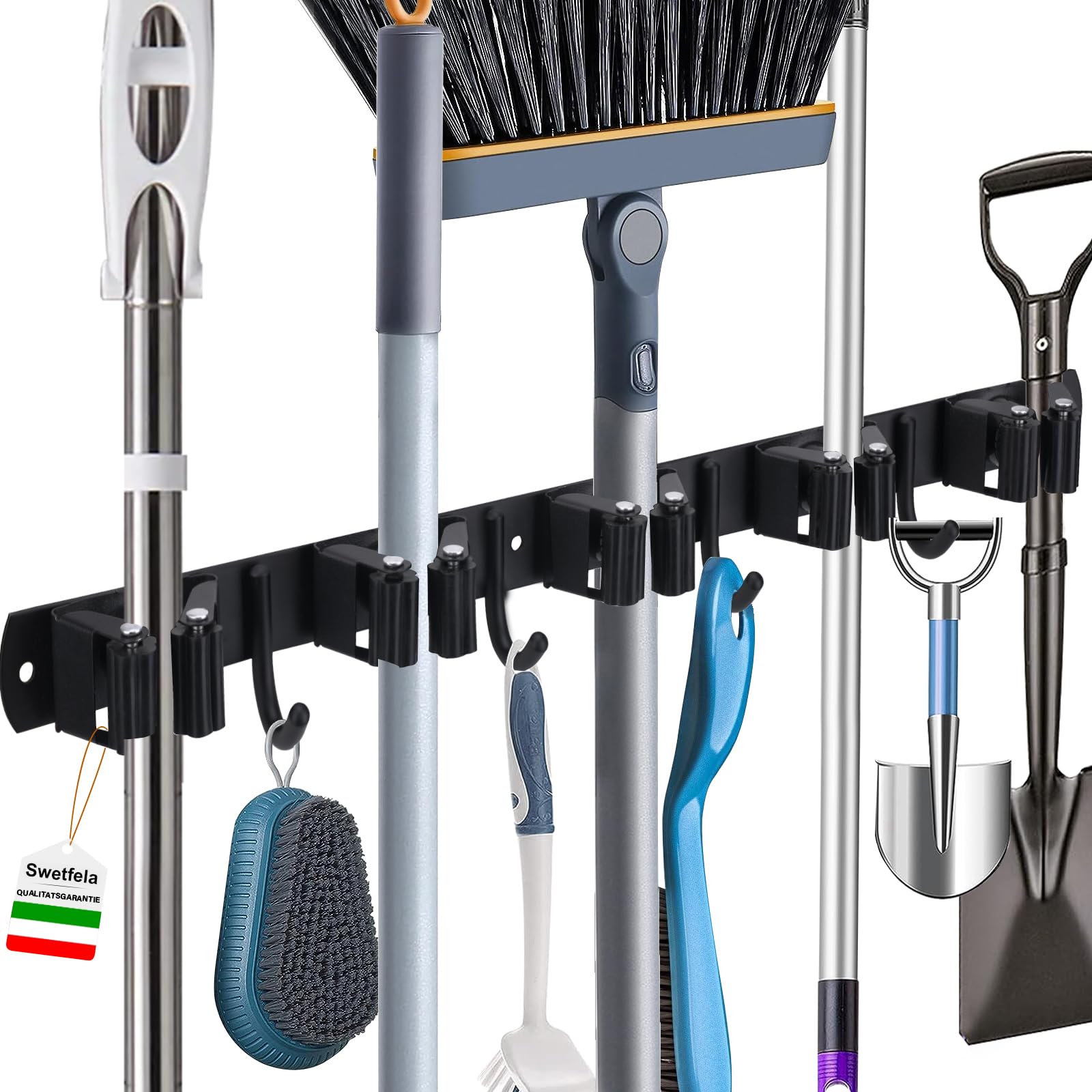 SwetfelaWall Mounted Broom Holder with 5 Shelves and 4 Wall Hooks, Stainless Steel Self Adhesive Wall Mounted Broom Hanger, Suitable for Kitchens, Bathrooms, Garages and Gardens Wall Hangers (Iron)