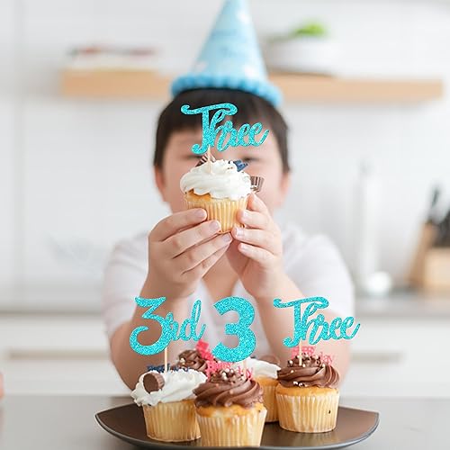 Miniatura 7 de 24 piezas de adornos para cupcakes con purpurina para tercer cumpleaños, número 3, decoración de cupcakes para baby shower, niños, tercer