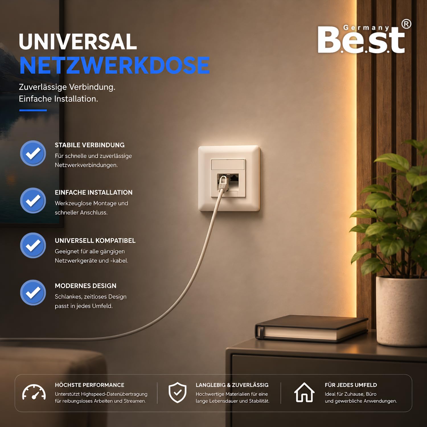 Lot de 4 prises réseau universelles CAT 6a en saillie et encastrées EIA/TIA 568A&B - 2 ports RJ45 - Compatible CAT6a, CAT7, CAT8 - Blanc