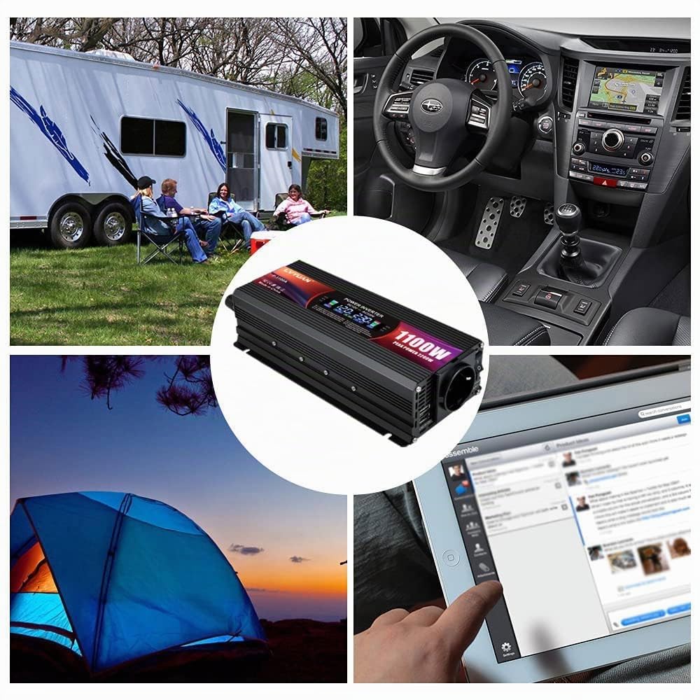 LVYUAN 1100W Wechselrichter DC 12V auf 230V AC Spannungswandler Stromwandler Inverter 2 USB Ports/EU Steckdosen, mit Alligatorclip & Zigarettenanzünder Stecker