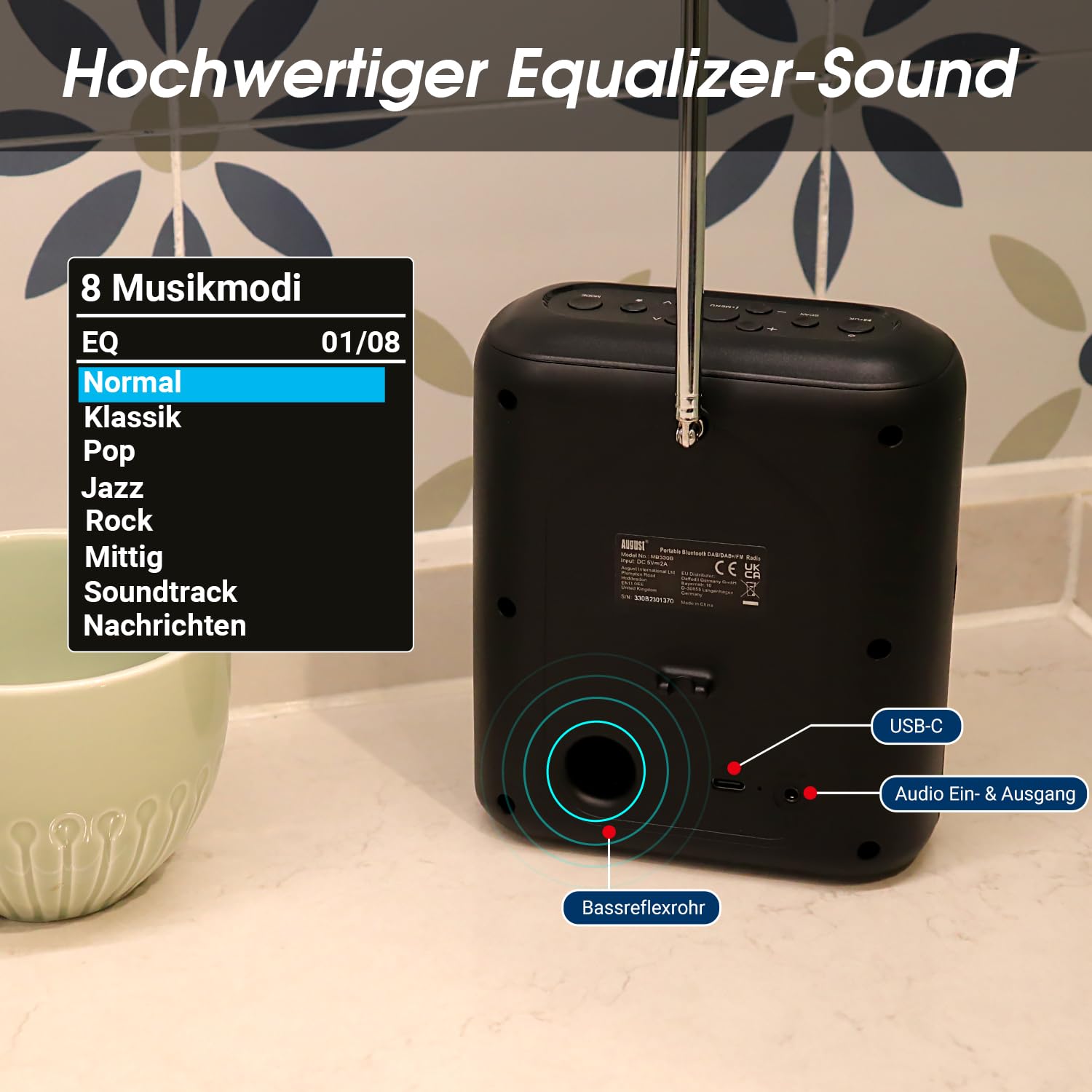 August MB330 Tragbares DAB+/UKW Radio mit Bluetooth – Digitalradio mit Akku Doppel Wecker, 60 Presets, Sleeptimer, 6W Lautsprecher, Farbdisplay, EQ, AUX EIN/Aus, USB-C, für Küche Schlafzimmer Outdoor