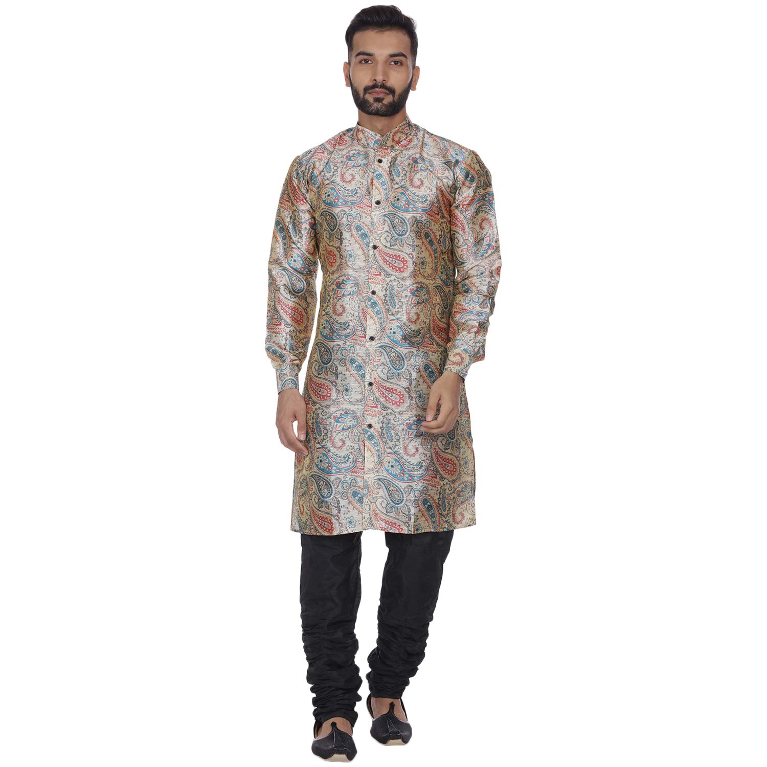 Men's Blue Multi Print Sherwani Style Long Silk Kurta-image-40
