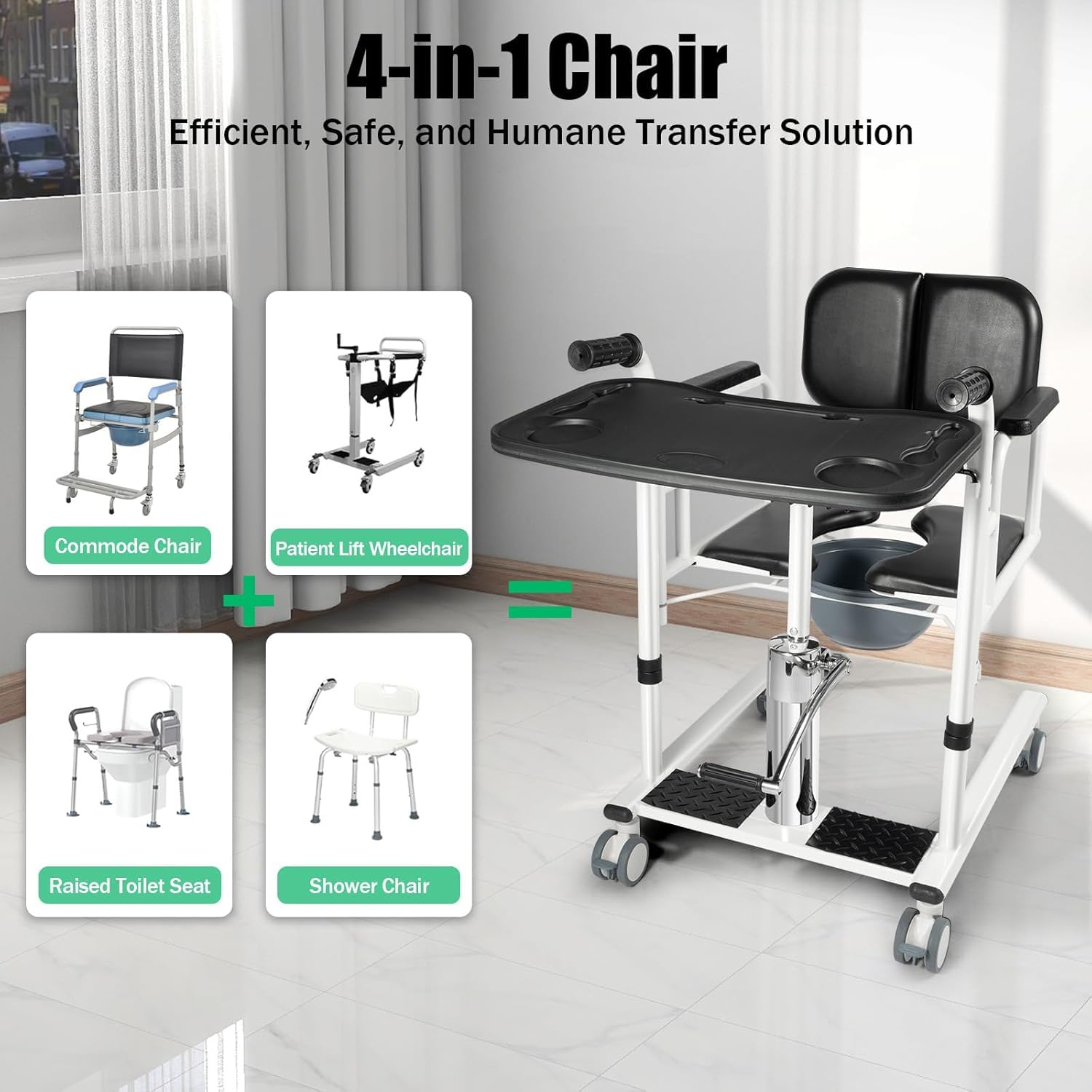 Silla Elevadora Hidráulica De Altura Regulable para Pacientes, Silla De Ruedas De Transferencia con Asiento Dividido De 180° para Cuidadores De Ancianos, Ayuda para La Black