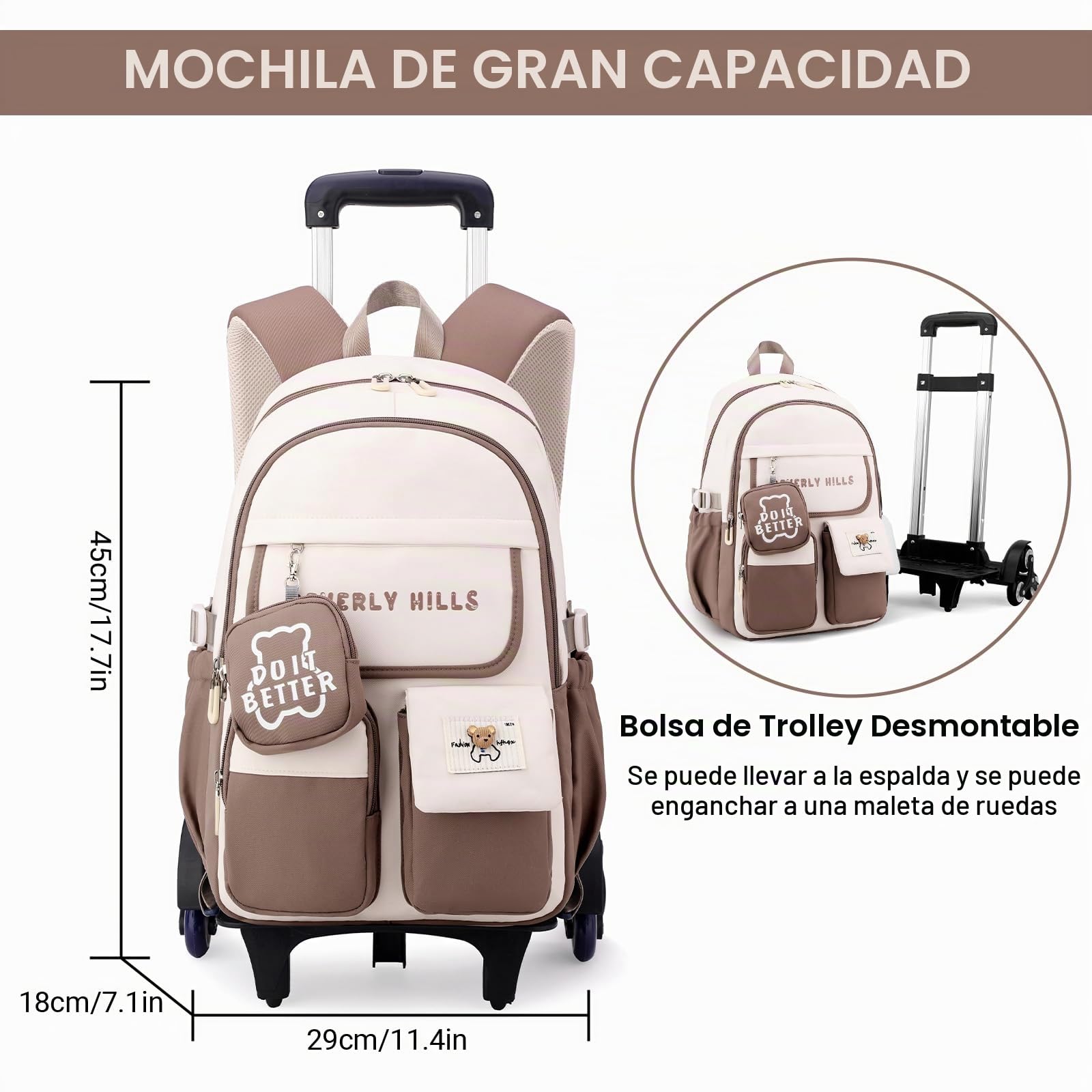 IvyH Mochila con Ruedas para Niñas Niños, Mochila Escolar Adolescentes 6 Ruedas, Carro Mochila Primaria para Chicas Chicos (Marrón)