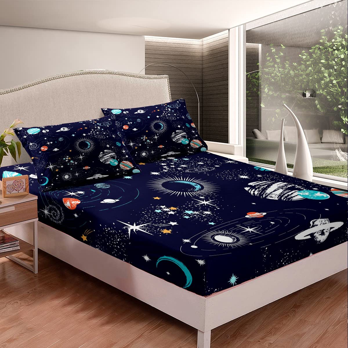 Set di lenzuola per ragazze ragazzi e bambini Galaxy Bedding Set di biancheria da letto Cartoon Universe Planet lenzuolo con angoli colorato cielo stellato dimensioni singole 3 pezzi