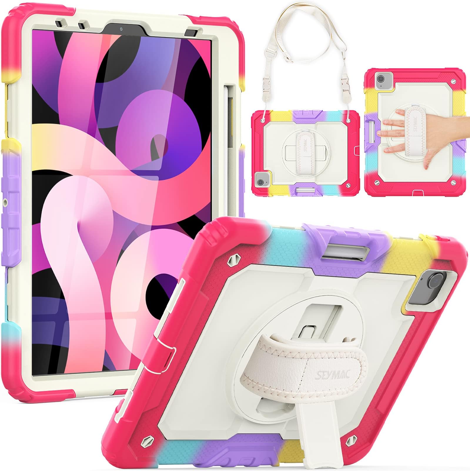 SEYMAC for iPad Air 5th/4th Case 2022 2020, iPad Pro 11 Case 2021/2020 [Support Apple Pencil Pair & Charging] with Handle Strap Kickstand Screen Protector for iPad Air 4/5 10.9, Pro 11 Colorful/Red