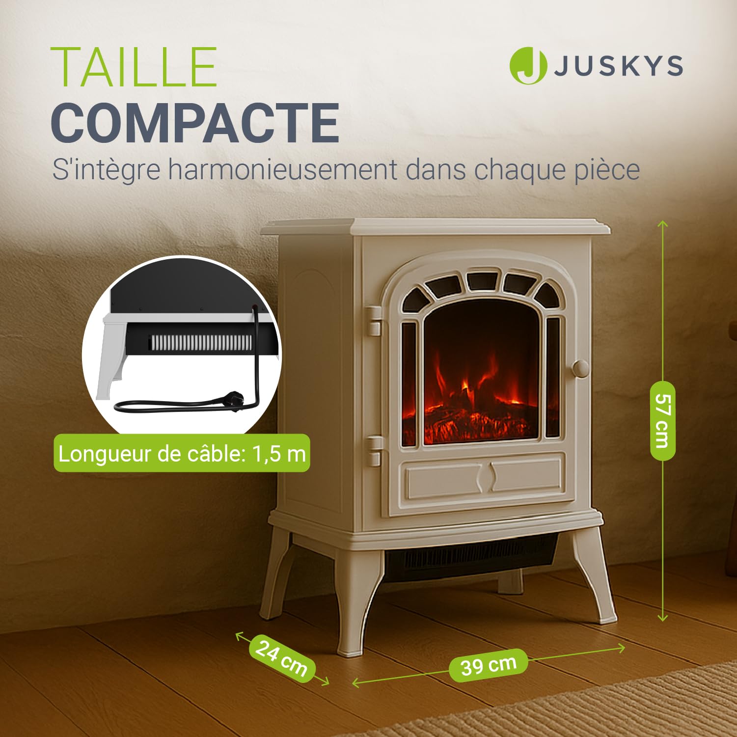 Juskys Cheminée électrique 2000 W – Blanc, cheminée autoportante avec Effet de Flamme, 2 Niveaux de Chauffage, Thermostat et arrêt de sécurité pour Le Salon