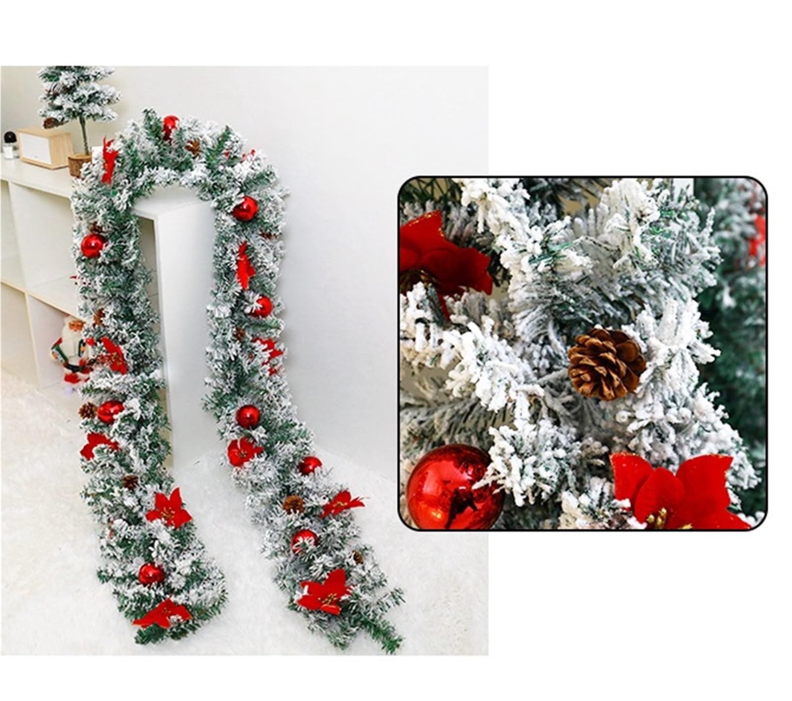 Weihnachten Girlande Weihnachtsschneeflockengirlande Mit Künstlichen Blumen Und Kugeln Weihnachtsdekoration(Rood)