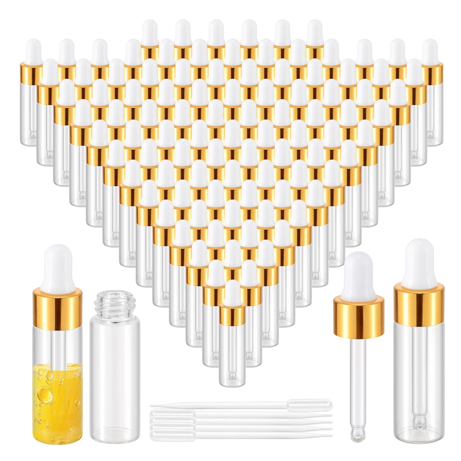 Kesell Mini-Glas-Tropfflaschen, 5 ml, klare Glasflaschen mit Pipette für ätherisches Öl, kleine Reiseflasche mit 5 Kunststoff-Tropfen, kleine Probenflaschen mit Deckel, goldfarben, 100 Stück