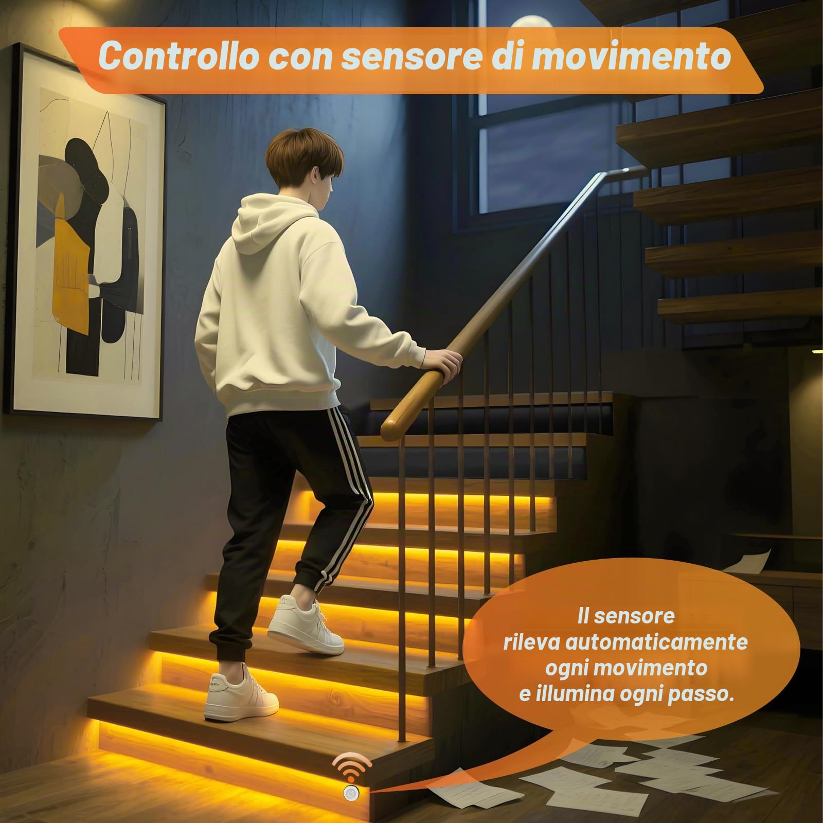 Illuminazione intelligente per scale, 20 livelli, luce bianca calda, 3000 K, LED COB con sensore di movimento e sensore di luce, sistema di illuminazione intelligente per interni, automatico e a