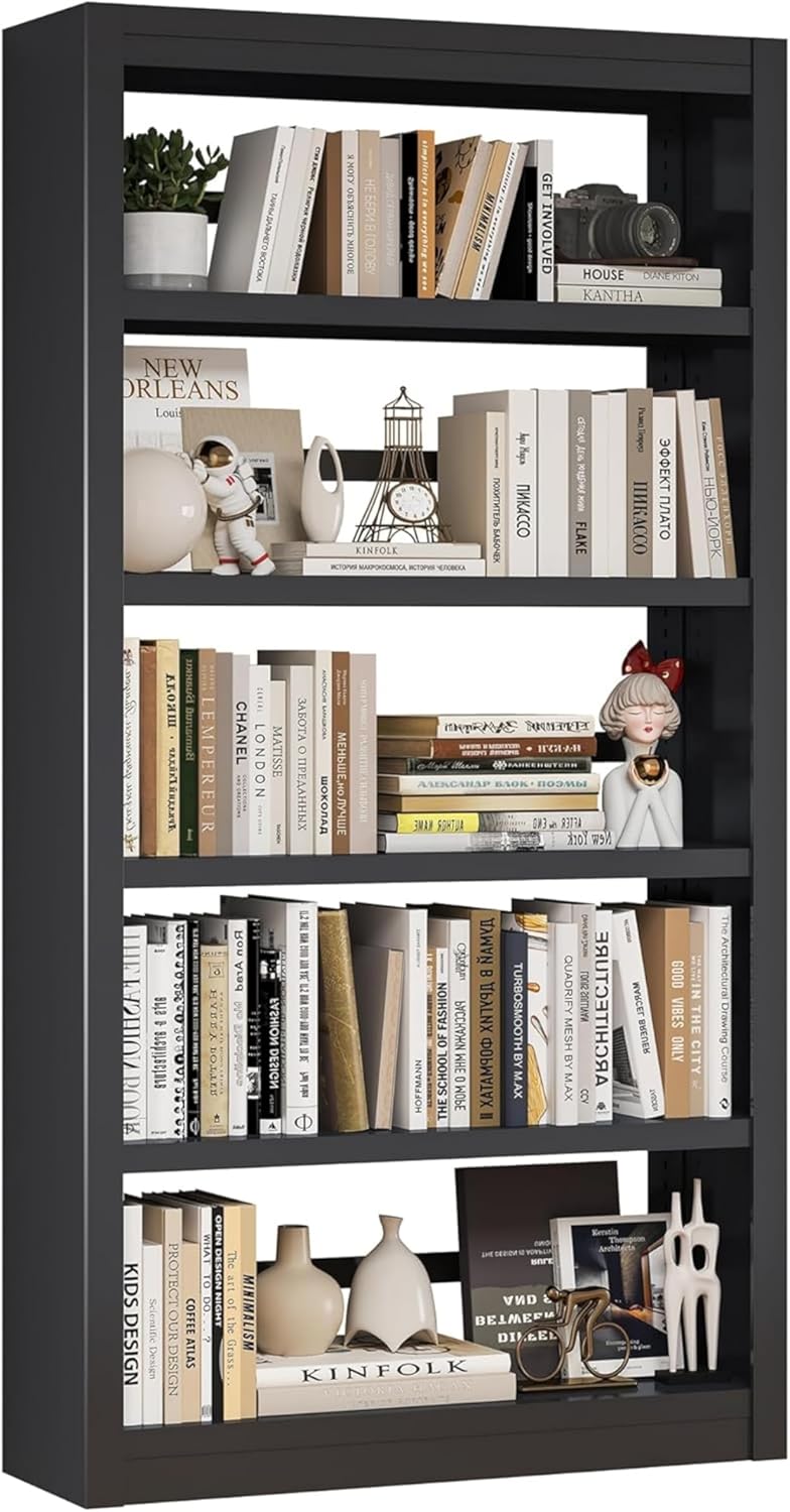 69” Tall Metal Bookshelf, 5-Tier Bookcase with Adjustable Shelves, Floor Standing Open Storage Shelf for Home Office, Living Room, Library, Black/Large – 180 lbs Per Shelf, 69" HX31.5 W