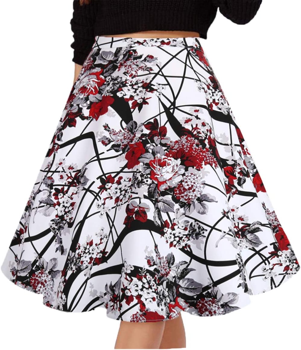 GOOBGS Musever Women's Pleated Vintage Skirts Floral Print Casual Midi Skirt
