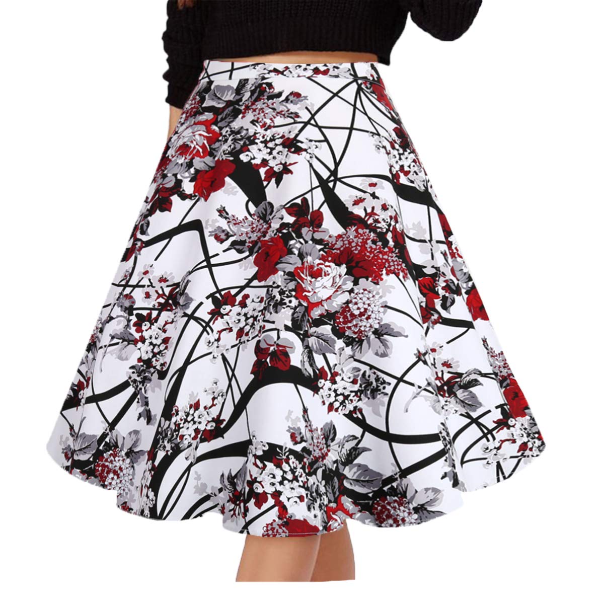 GOOBGS Musever Women's Pleated Vintage Skirts Floral Print Casual Midi Skirt