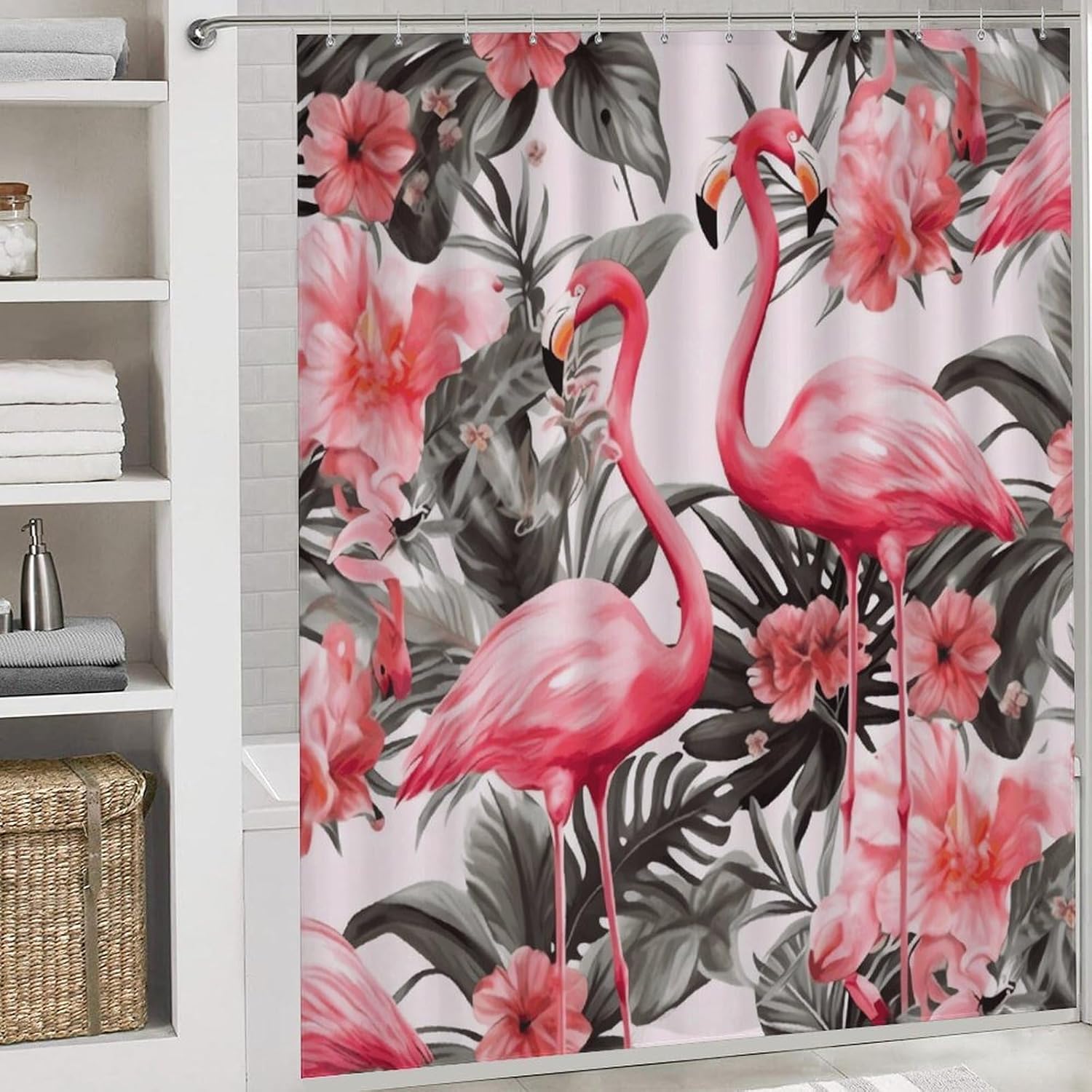 Flamingo Floral Printed 4Pcs Shower Curtain Set with Non-Slip Rugs, Toilet Lid Cover and Bath Mat,Bathroom Set Decor Accessories,Curtain Set with 12 Hooks, 72 X 72 Inch