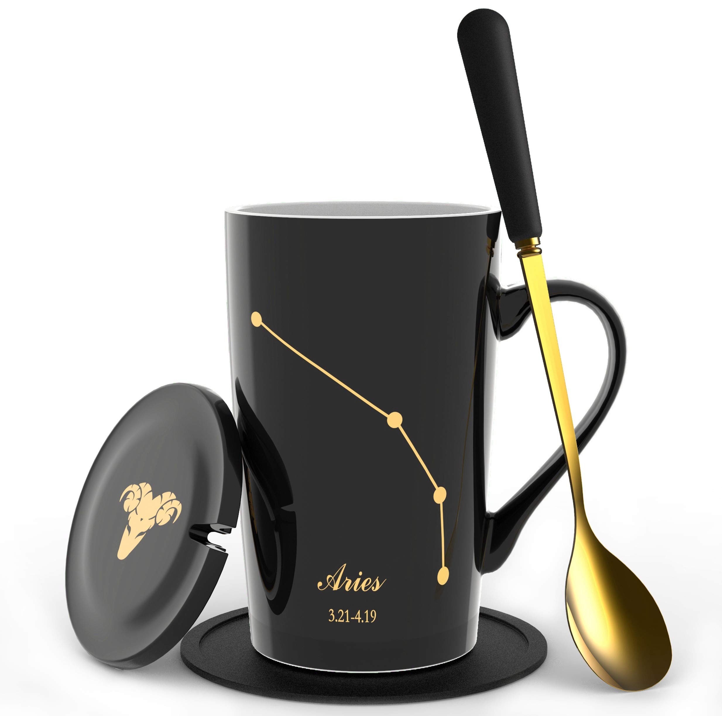 Fullcci15oz Birthday Gift Creative Constellation Aries Coffee Mug Set Capacity Upgrade Tea Cup for Cocoa Water Milk Juice (Aries-Black)