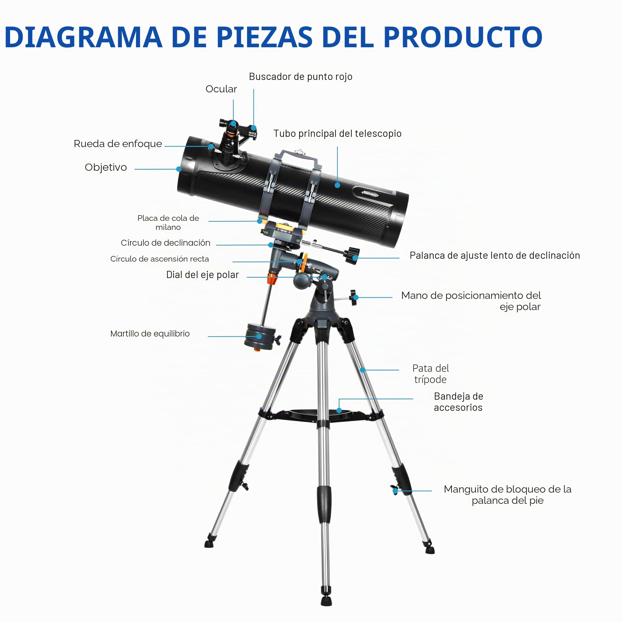 AOMEKIE Telescopio para Adultos Astronomía Apertura 130mm Telescopio Reflectores 650mm para Principiantes con Montura EQ5 2 Oculares Plossl y Adaptador de Teléfono y Visor