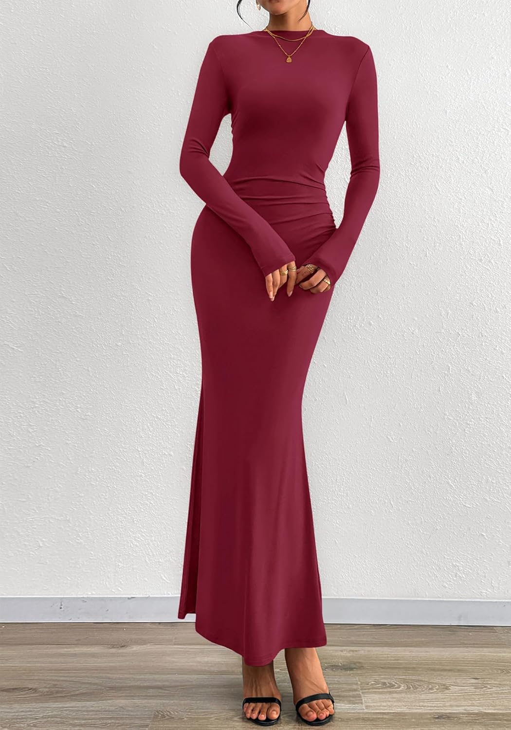 BTFBM Women Bodycon Maxi Dress Fall 2025 Long Sleeve Ruched Elegant Party Cocktail Formal Wedding Guest Dresses - Image 4
