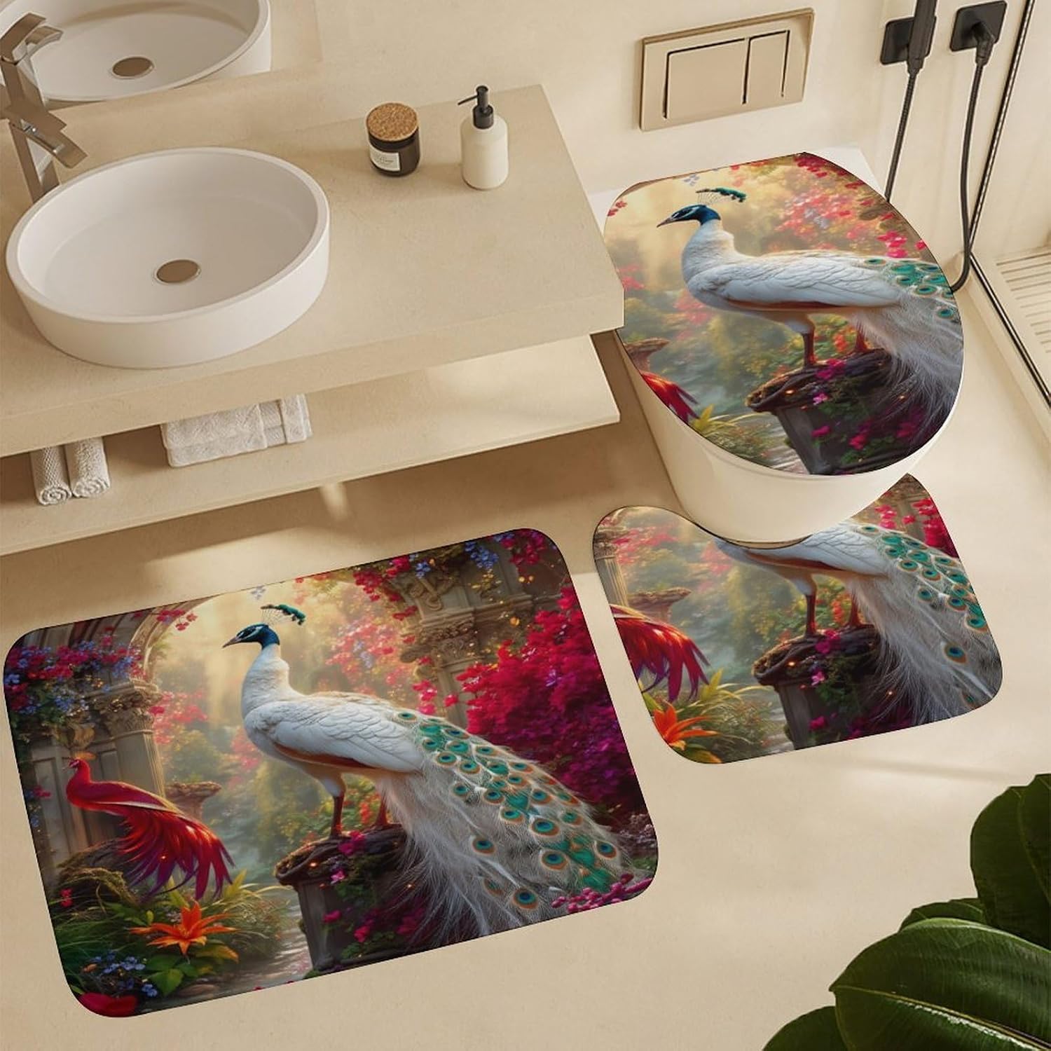 Peacock Garden Floral Fantasy 4 PCS Bathroom Set with Shower Curtain Rugs, Ultra Soft Coral Fleece Bath Mat, U-Shaped Rug, Toilet Lid Cover, 72" X 72"