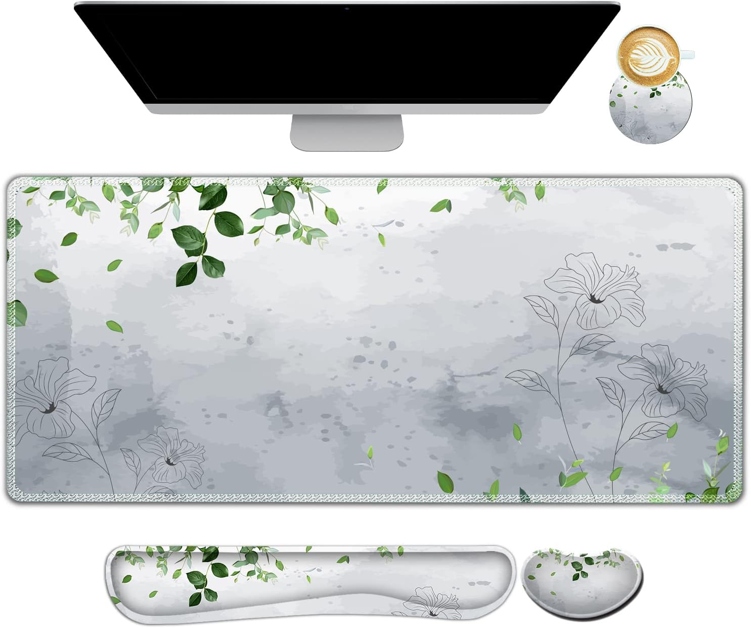 ARTSO Gaming Mouse Pad Wrist Assist Set, XXL Massive Desk Mat Mousepad + Keyboard Wrist Assist+ Mouse Wrist Relaxation+Coaster 4in1 Ergonomic, Reminiscence Foam -Inexperienced Leaves and Line Flower