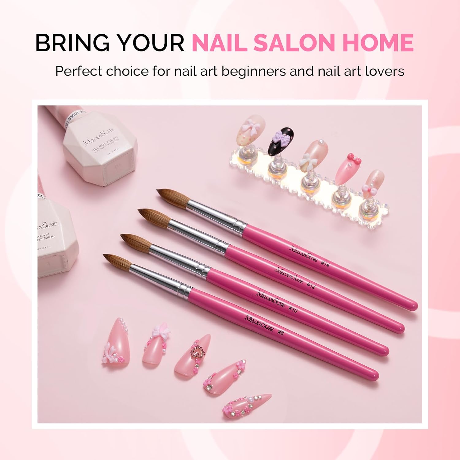 MelodySusie Kolinsky Acrylic Nail Brush, 80% Pure Kolinsky Hair, Professional Nail Brush for Acrylic Powder Nail Extension and 3D Nail Carving, Nail Art Tools for DIY Home Salon (Pink Wooden, 12)