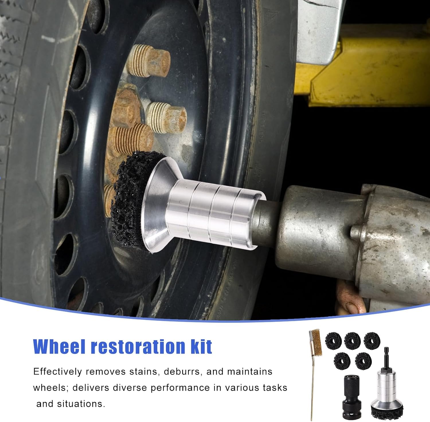 Car Wheel Hub Cleaning Kit, Wheel Hub Stud Cleaner Removal Tool with 1 Grinding Head 5 Grinding Pads 1 Adapter & Wire Cleaning Brush