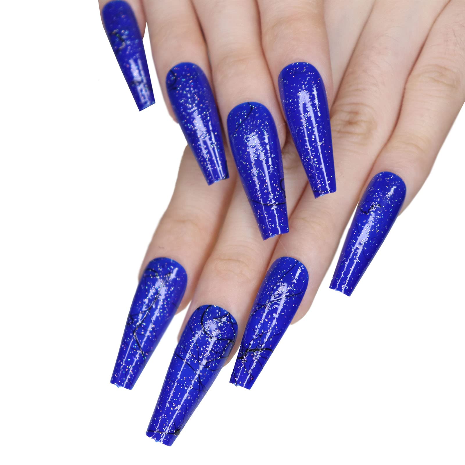 Amazon.com: MISUD 30Pcs Coffin Ballerina Fake Nails, Extra Long Glitter  False Nails, Black Stripe Line Press On Nails with Design for Women & Girls  (Royal Blue) : Beauty & Personal Care