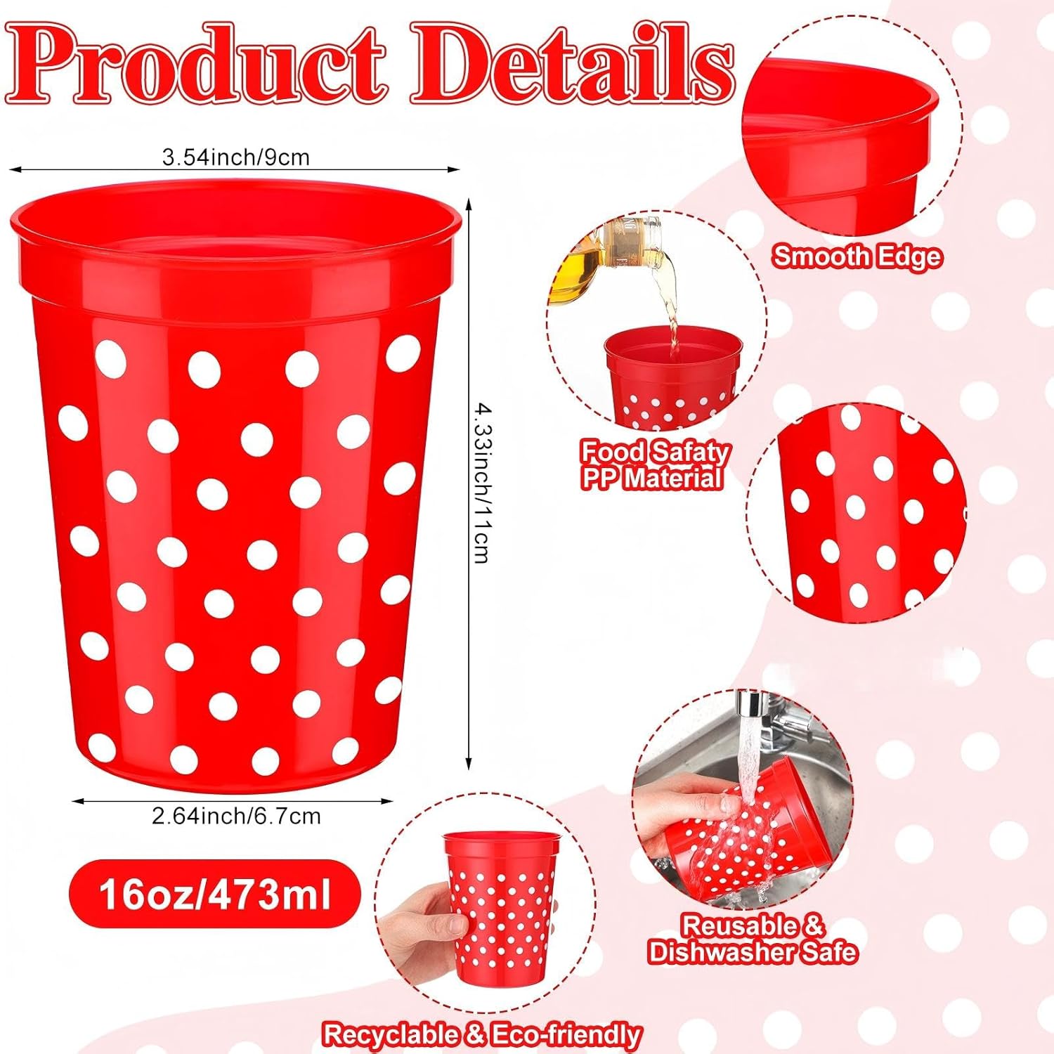 Yungyan 48 Pcs Cartoon Mouse Party Supplies 16 oz Plastic Cups Bulk Red Yellow White Black Polka Dots Pattern Printed Cups for Cartoon Mouse Theme Party Decorations
