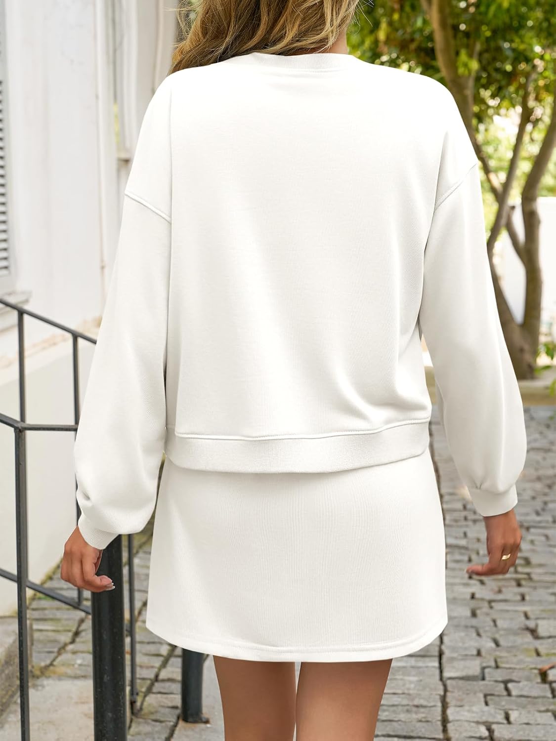 Fisoew 2 Piece Sets for Women Cotton Workout Sets Sweatshirt Top High Waisted Lined Split Athletic Skirt Set - Image 5