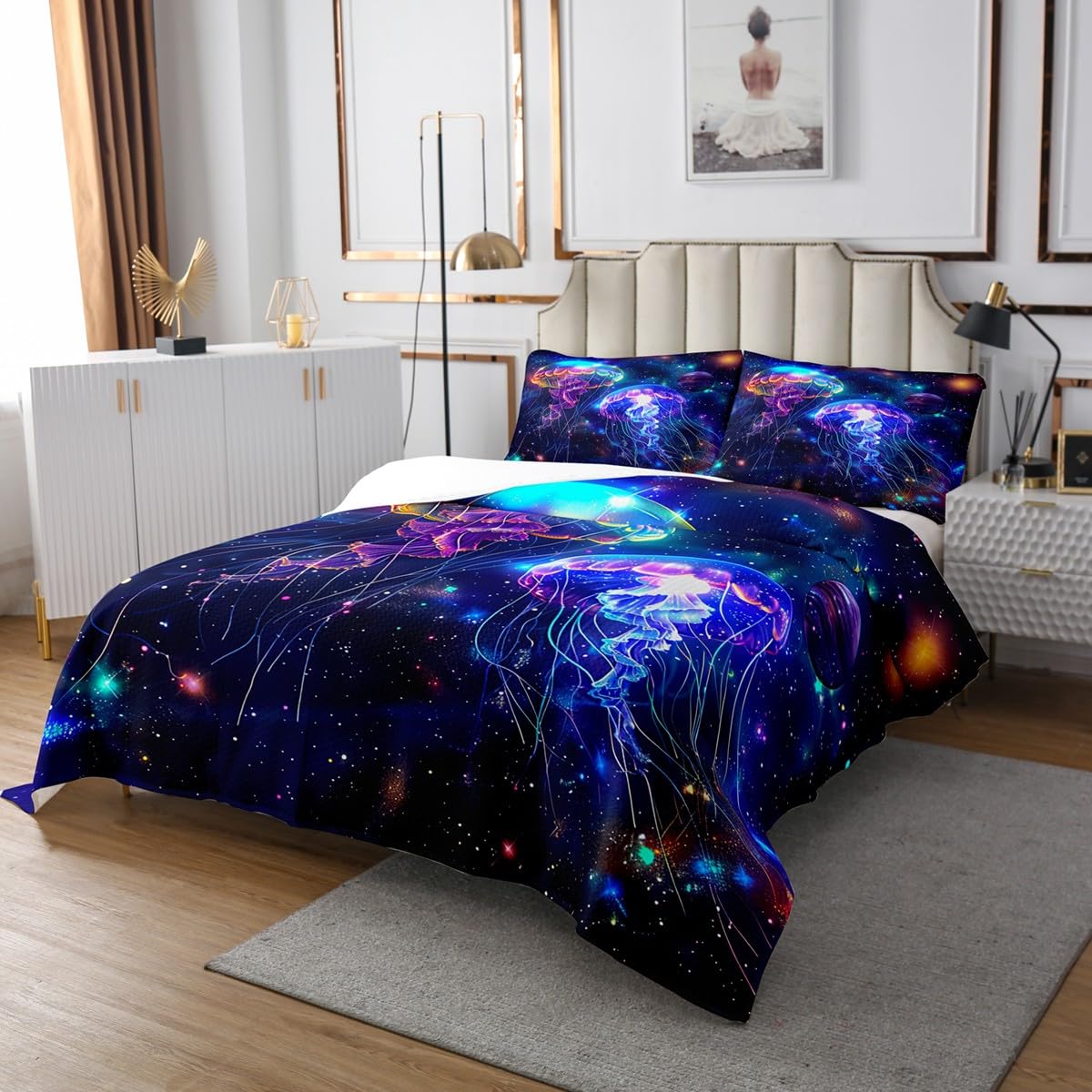 Homewish Jellyfish Coverlet Set Queen Size,Underwater Sealife Outer Space Durable Bedspread for Girls Teens,Planet Starry Galaxy Purple Blue Soft Polyester Quilt Set, with 2 Pillowcases