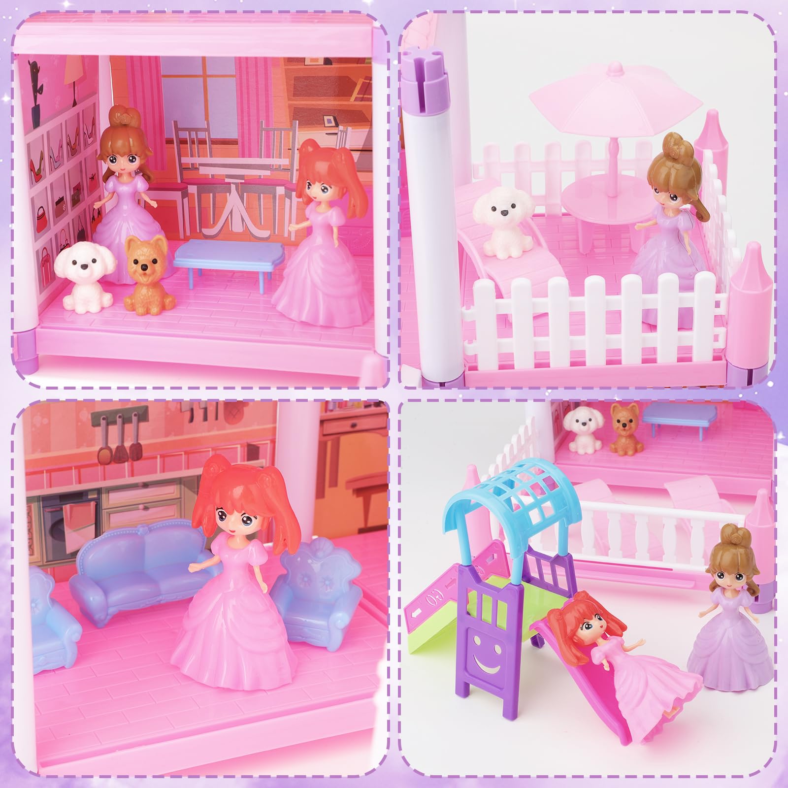 deAO Casa delle Bambole Piccola con 2 Bambole, Mobili e Accessori, Villa dei Sogni con 5 Stanze, 1 Terrazza e Giardino, Gioco Creativo per Bambine 3-8 Anni, Rosa
