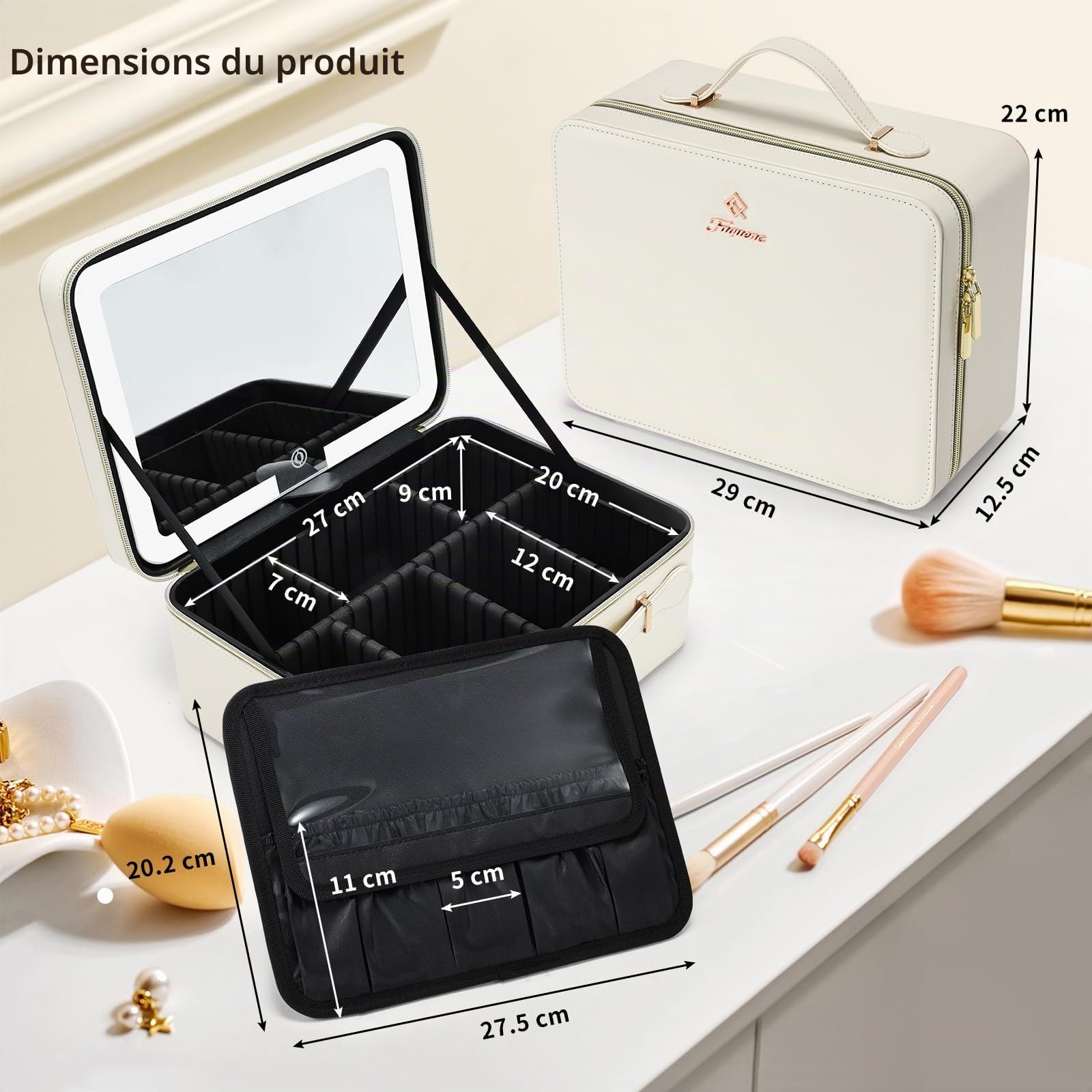 Grande trousse de maquillage avec miroir LED - Miroir lumineux amovible - En cuir synthétique - Portable - Avec séparateurs - Support pour pinceaux de maquillage - Blanc