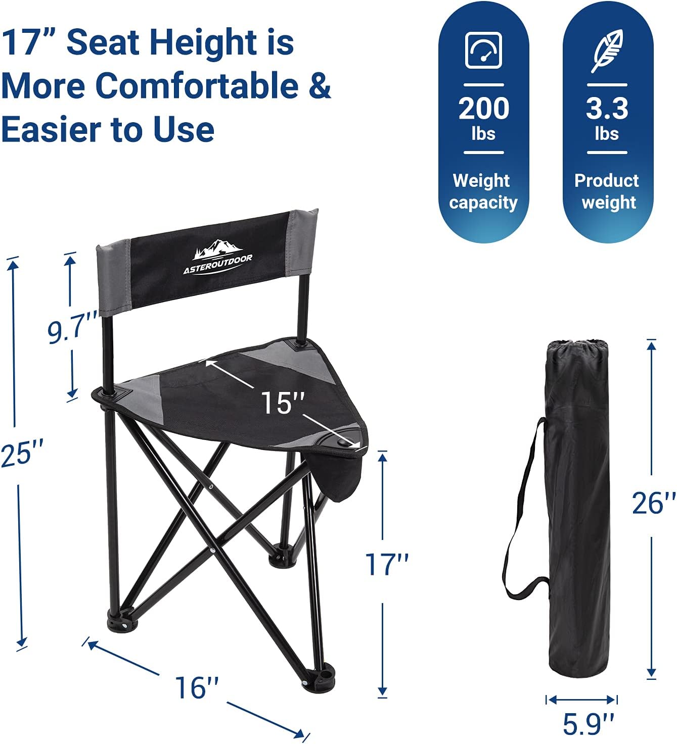 AsterOutdoor Tripod Stool Chair Folding Portable Camp Slacker for Hunting Camping Fishing Hiking