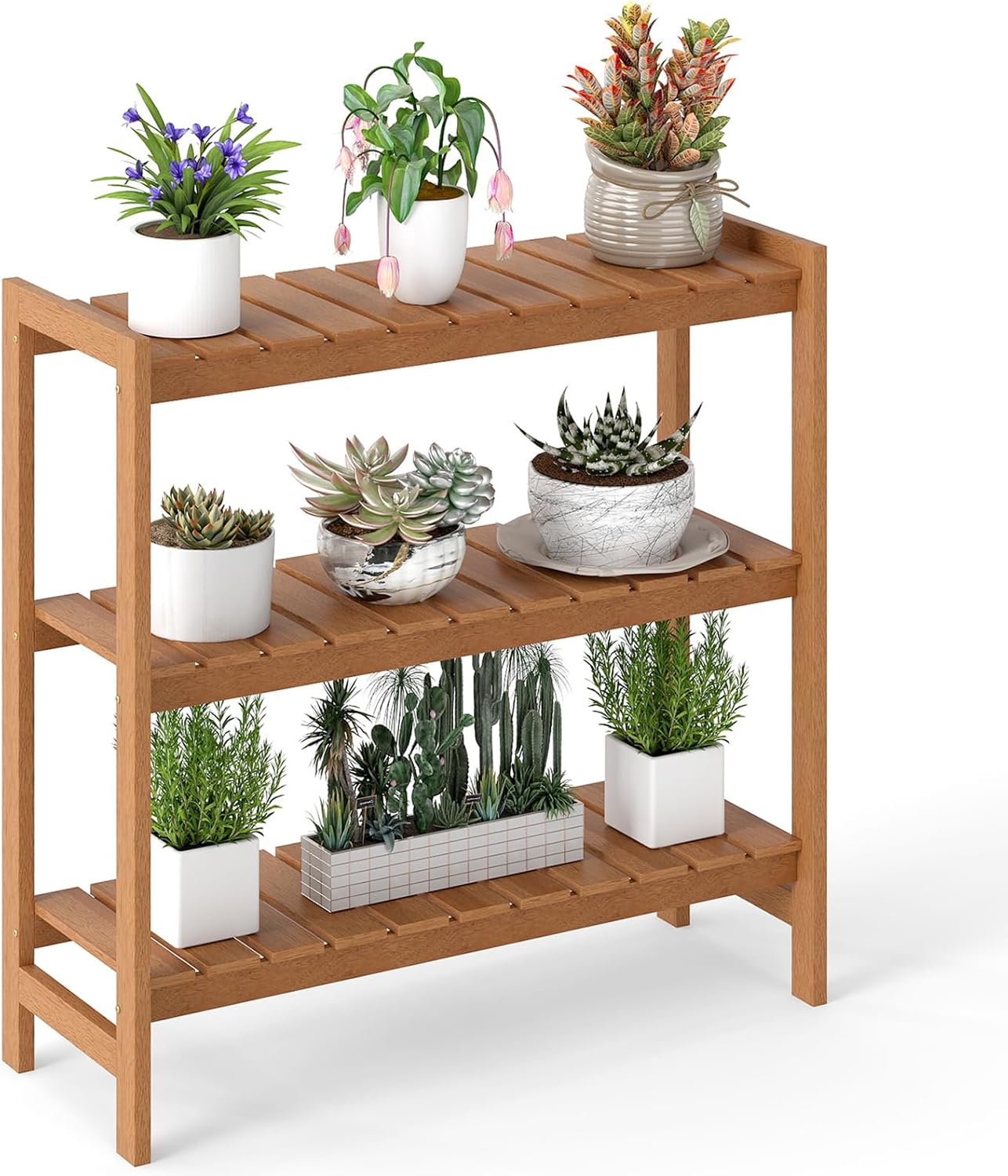 HAPPYGRILL 3-Tier Solid Wood Plant Stand, Flowerpot Holder Display Rack w/ Slatted Shelves, Take Oil Finish, Indoor Outdoor Plant Shelf for Patio Garden Balcony Living Room Corner