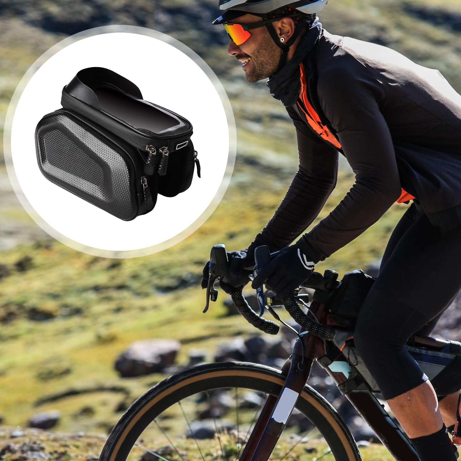 Borsa per biciclette a tubo superiore, supporto per telefono per biciclette - Borsa del telaio anteriore del tubo superiore - Schermo tocco-screen per ciclismo in bici impermeabile con copertura di pi