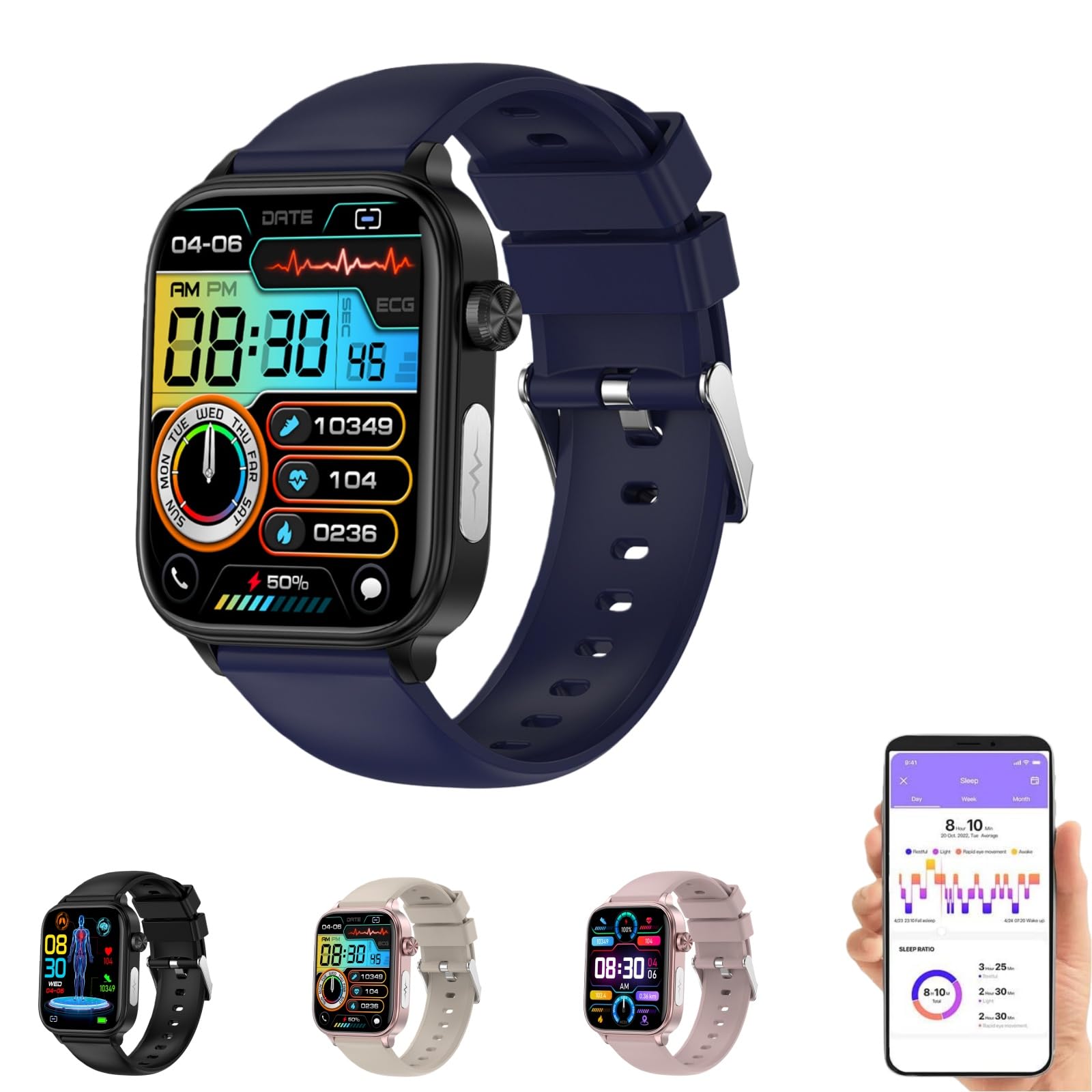 GlucoCare SOS - Smartwatch con GPS sportivo, con misurazione della pressione sanguigna e ECG, temperatura corporea, chiamate Bluetooth, compatibile con Android/iOS (blu)