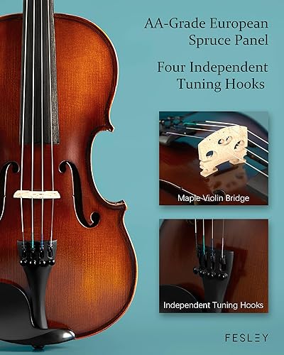 Miniatura 13 de Fesley Juego completo de violín para violín: Kit de violín pulido 4/4 para principiantes, violín acústico con estuche rígido, kit de inicio hecho a