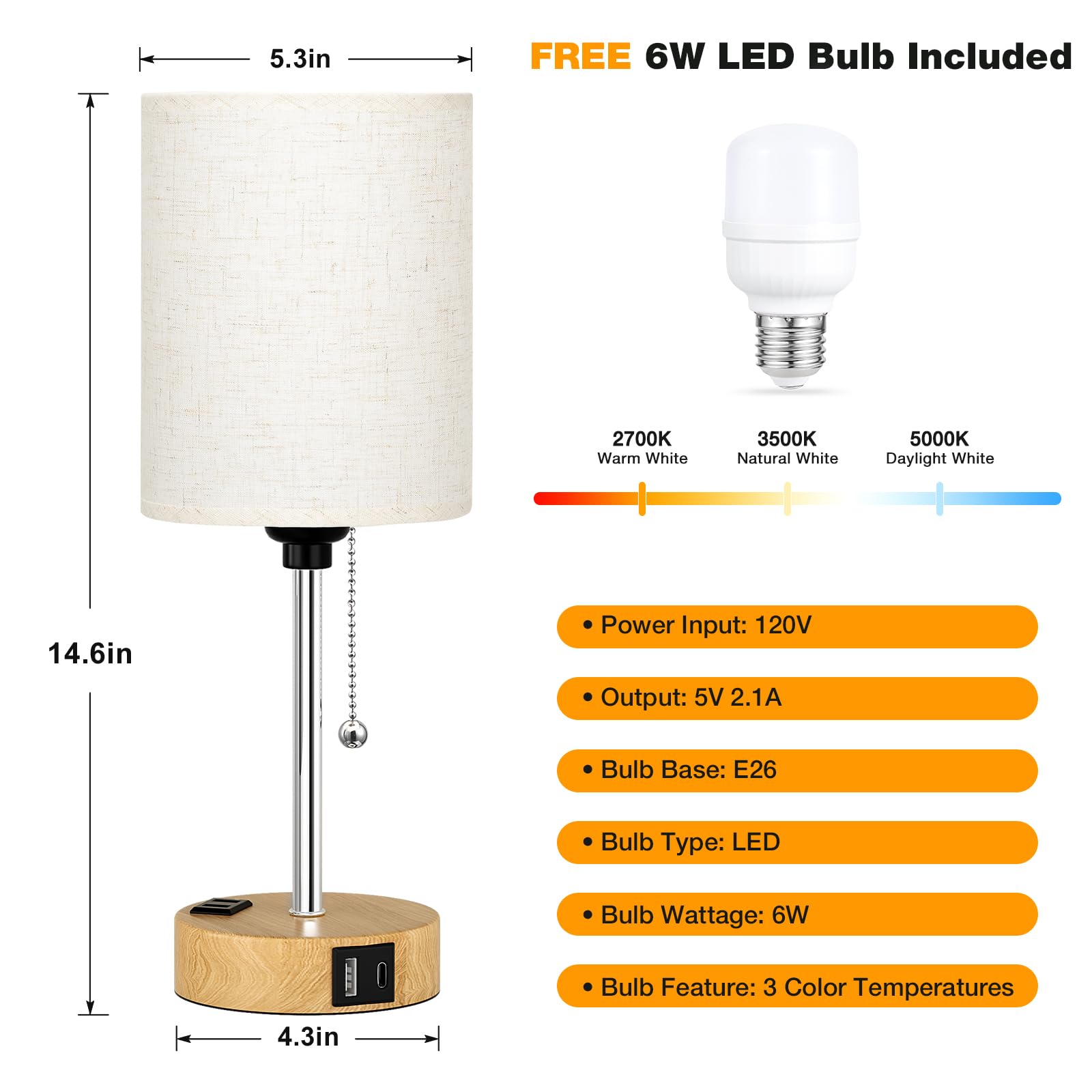 Lámpara de noche pequeña para mesita de noche de dormitorio, lámpara de mesa con puerto USB C y A, lámparas de cama de cadena con salida de CA, base de madera, luces de mesita de noche para lectura de 4