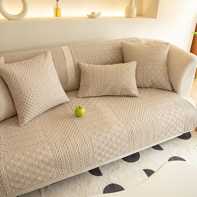 vctops Farmhouse Geometric Embroidered Couch Sofa Cover Cotton Quilted Sectional Couch Cover Non-Slip Sofa Slipcover Furniture Protector for Kids, Dogs, Cats (Khaki,28"x28")