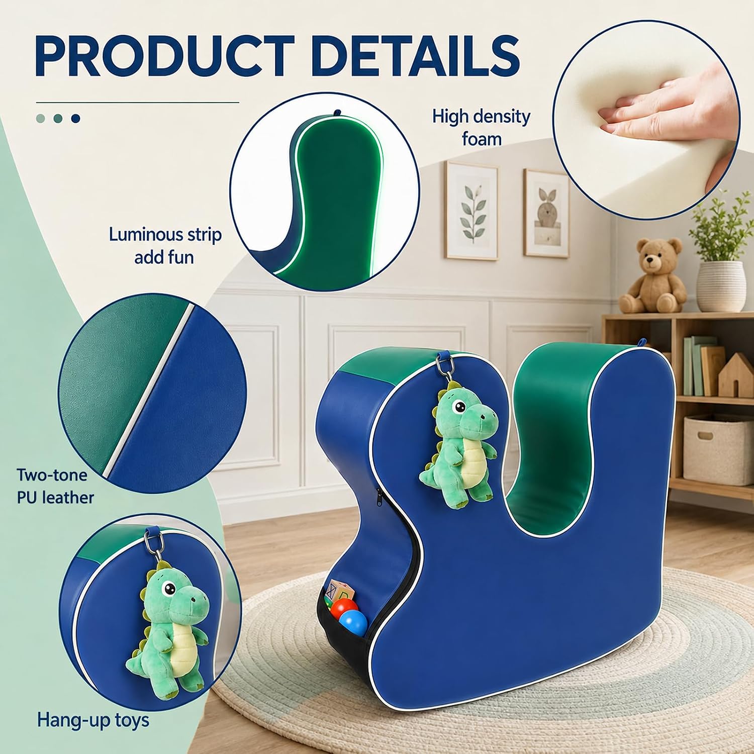 GAB Sensory Chair for Kids, Glow-in-the-Dark, Rock & Squeeze, Calming Bedtime Routine Rocker for Autism ADHD, Waterproof PU, Glows for Over 5 Hours (Blue/Green)