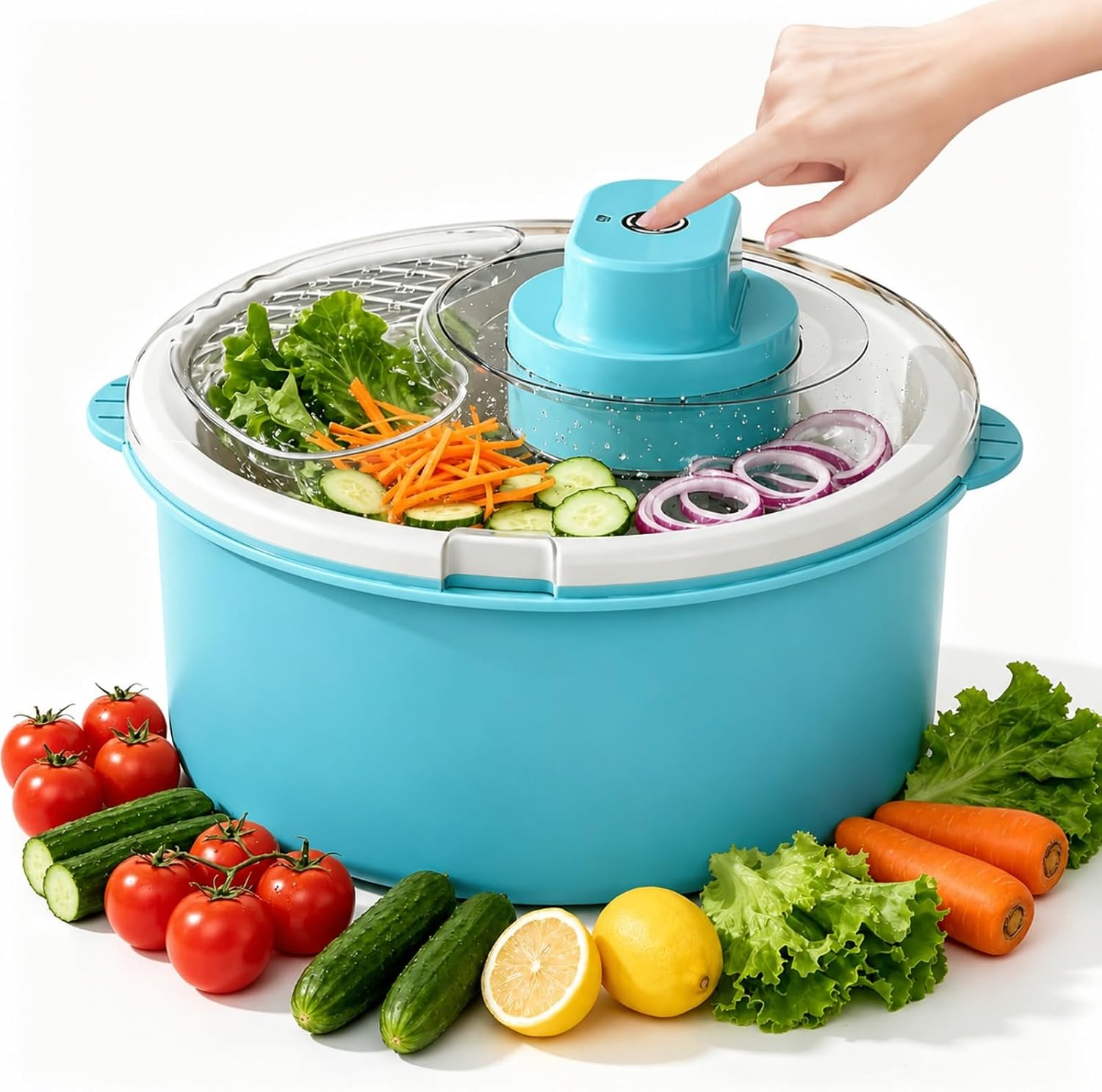 2-in-1 Electric Fruit Cleaner Spinner, One-Touch Cordless Ultra-Fast Salad Spinner and Produce Washe, Food-Safe, Fruit Washer Spinners Bowl, 1500mAh Battery, Detachable & Non-Slip (Blue)