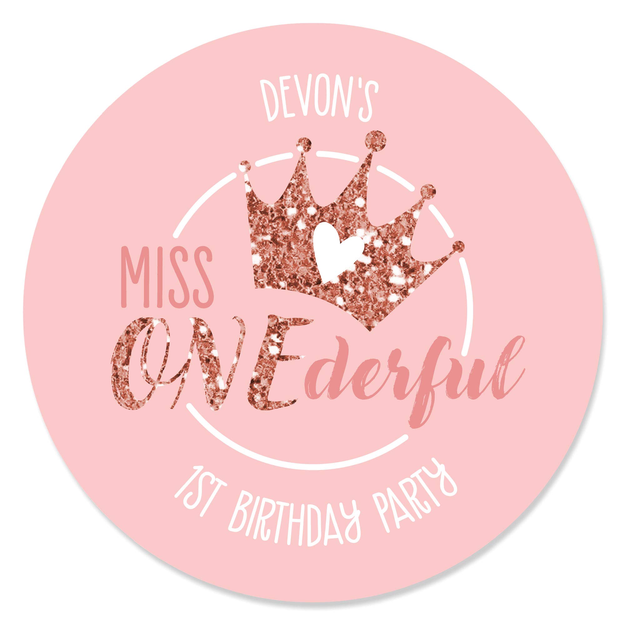Big Dot of Happiness Personalized 1st Birthday Little Miss Onederful - Custom Girl First Birthday Party Favor Circle Sticker Labels - Custom Text - 24