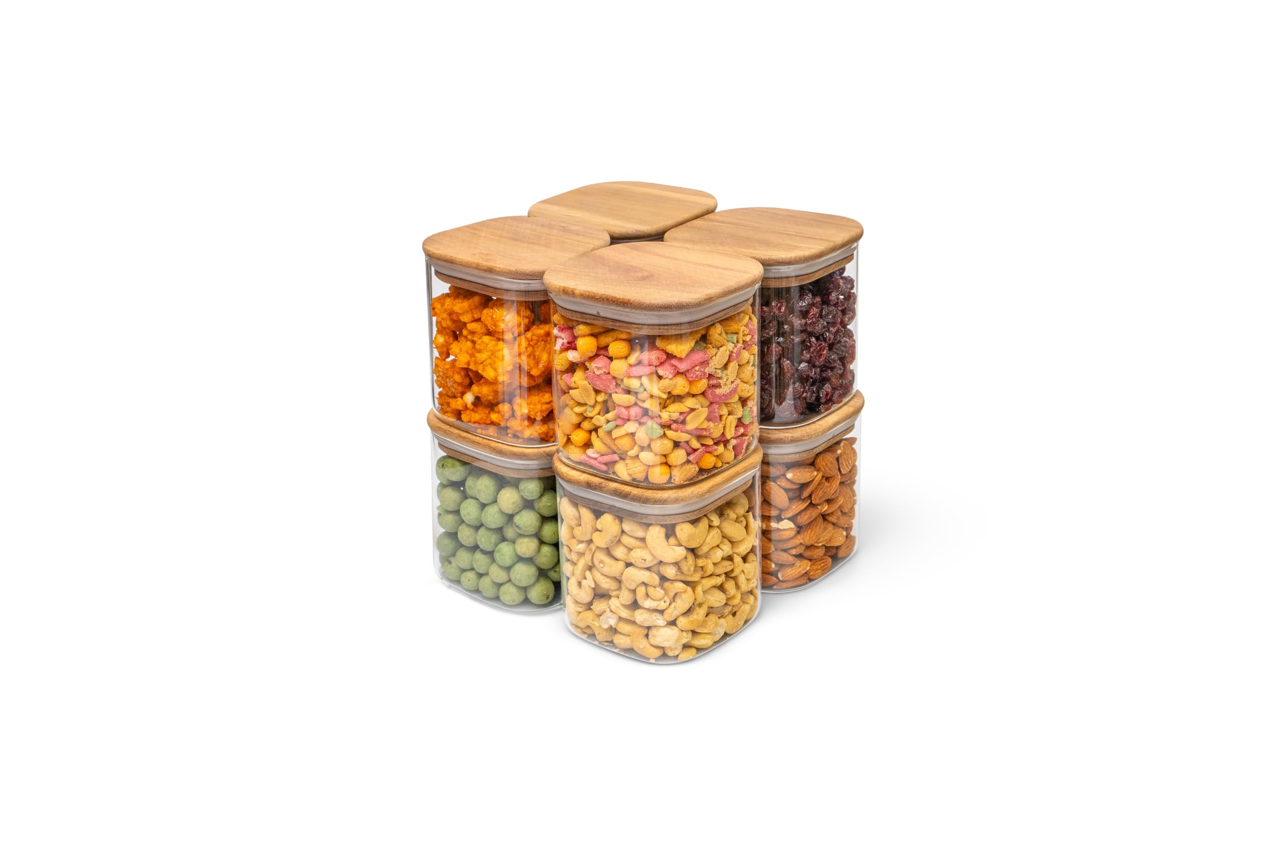 Tarros de cristal – Juego de 6 piezas – Cuadrados – con tapa de madera de acacia – herméticos y sin BPA (8 x 750 ml)