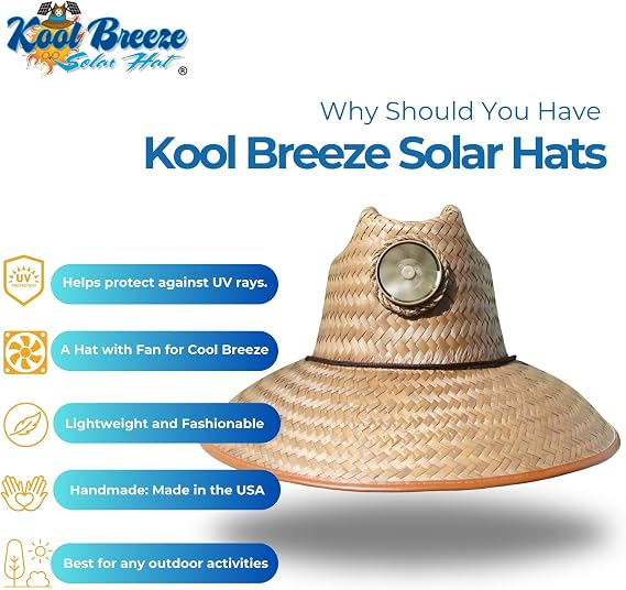 KOOL BREEZE SOLAR HAT Plain Thurman Straw Sun Hat XL, Solar Fan Hat, Cooling Hat, Solar Powered Fan, Straw Hat for Men