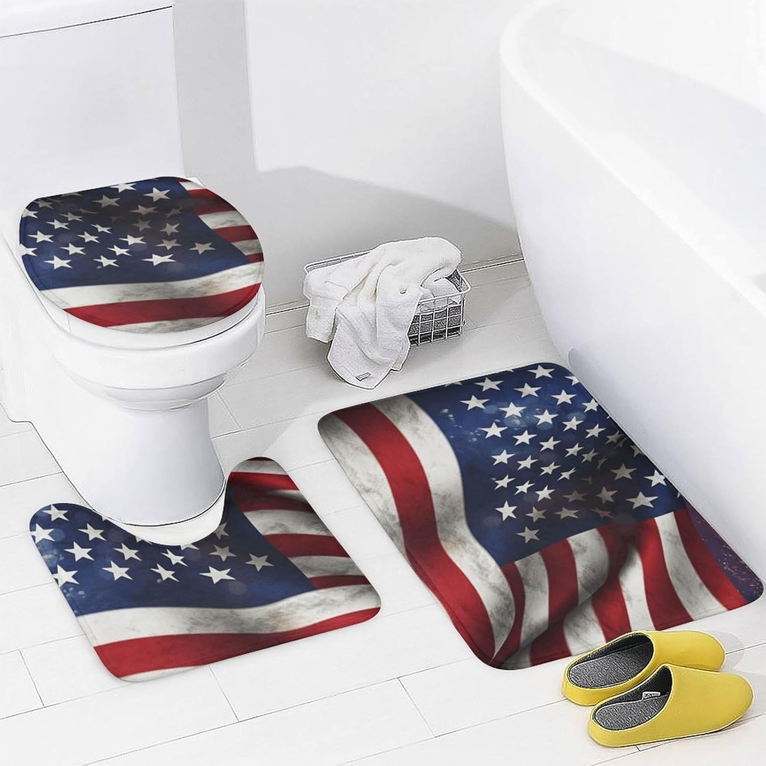 USA Flag Shower Curtain Set 4 Piece, Non-Slip Bath Mat with Toilet Lid Cover and Waterproof Shower Curtain with 12 Hooks, Complete Bathroom Set for Home Decor